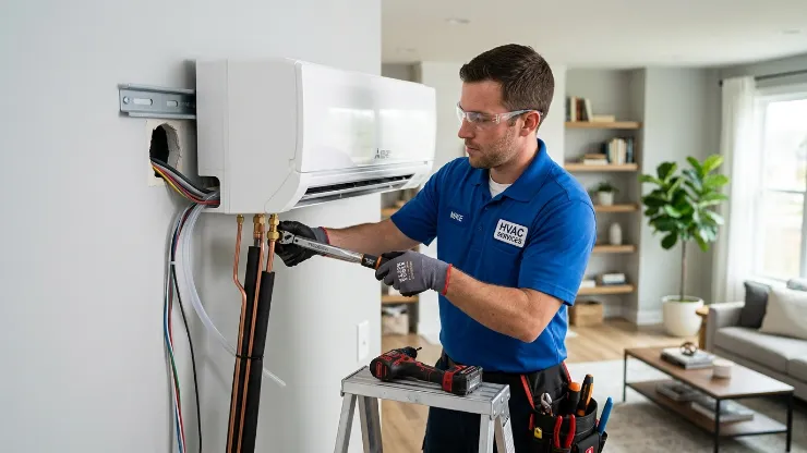 Technician installing split system air conditioner indoor unit